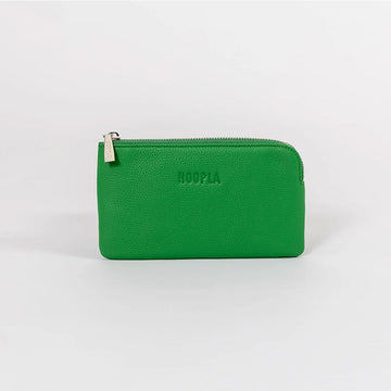 Front view of a phone sized zippered purse in green.