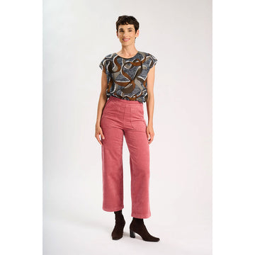 Pink corduroy pants on a white background.