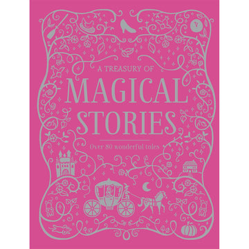 'A Treasury of Magical Stories' book cover featuring silver illustrations of a horse and carriage, a castle, pumpkins, birds and leaves on a pink background.