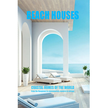 'Beach Houses Coastal Homes of the World' book cover featuring a photo of the verandah of a beach house with lounge chairs and the ocean in the background.