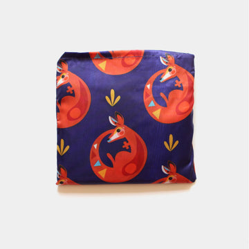 A reusable shopping bag in dark blue illustrated with a repeat pattern of kangaroos.