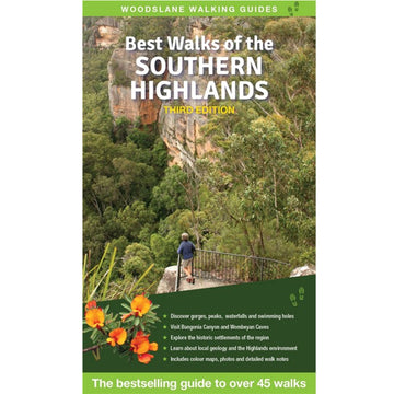 'Best Walks of the Southern Highlands' book cover featuring a photo of a person overlooking trees over a cliff.