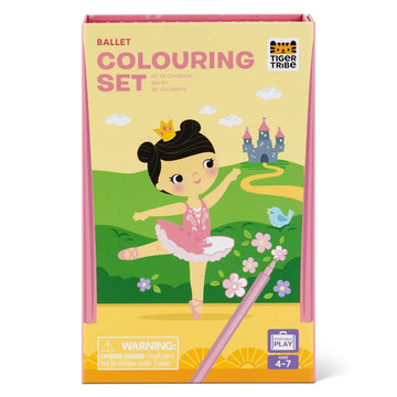 Ballet-themed colouring set packaging with a girl in a pink dress and tiara on a grassy field.
