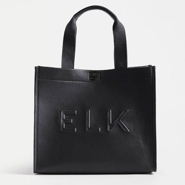 Front view of a leather tote bag in black with the name ELK embossed on the front.