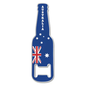 A bottle shaped bottle opener with an image of the Australian flag on it.
