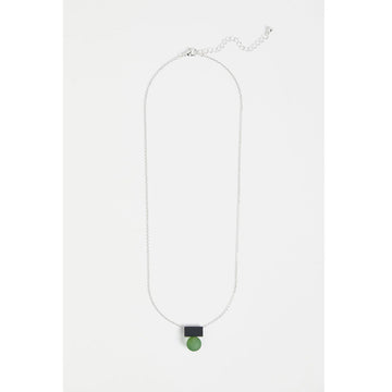 A necklace with a black rectangle and frosted clear ball pendant.