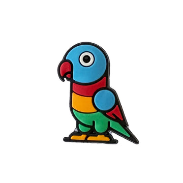 A shoe charm made from PVC shaped and coloured like a rainbow lorikeet.