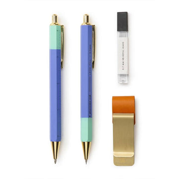An image of a pen and pencil set in packaging.