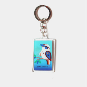 A rectangle keyring with a moving image of a kookaburra against a blue background.