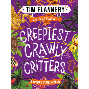 'Creepiest Crawly Critters' book cover feturing a purple background with illustrations of spiders and bugs around the border.