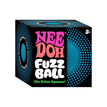 A cube box with the heading 'Nee Doh Fuzz Ball' and a cut out showing the blue squish ball inside.
