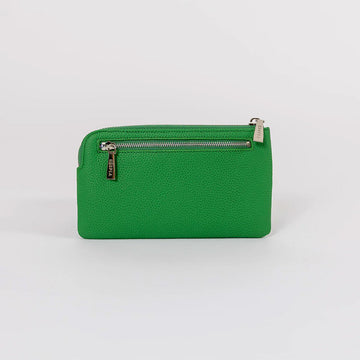 Front view of a phone sized zippered purse in green.