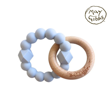 A blue silicone teething ring linked to a wooden ring.