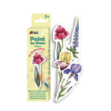 Flower shaped bookmarks are next to a skinny box titled 'Paint by Water' with an image of one of the floral bookmarks.