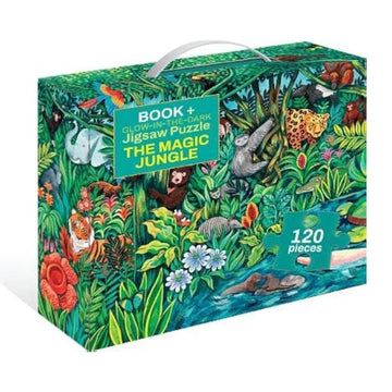 A box illustrated with animals in a jungle and the heading 'Book and Glow in the Dark Puzzle The Magic Jungle'.