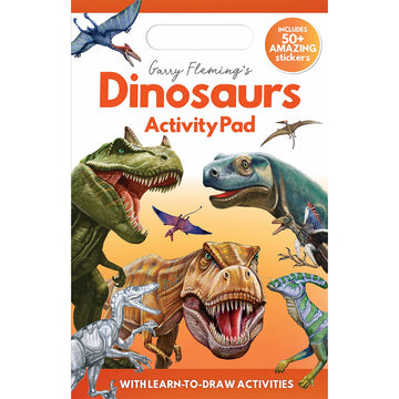 'Dinosaurs Activity Pad' book cover featuring illustrations of different dinosaurs.