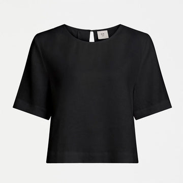 A women's top with short sleeves in black linen.