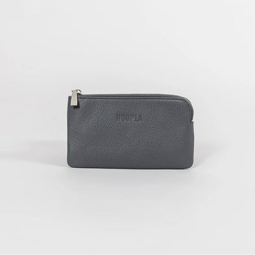 Front view of a phone sized zippered purse in grey.