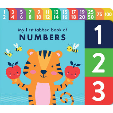 'My First Tabbed Book of Numbers' book cover featuring an illustration of a tiger holding an apple in each paw surrounded by bees. There are numbers along the top and side.