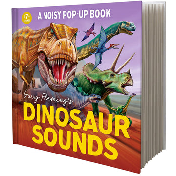 'Dinosaur Sounds' book cover featuring illustrations of colourful dinosaurs and the small heading 'A Noisy Pop Up Book' along the top.