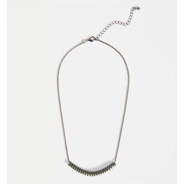 Silver necklace with a olive green spiral on a white background
