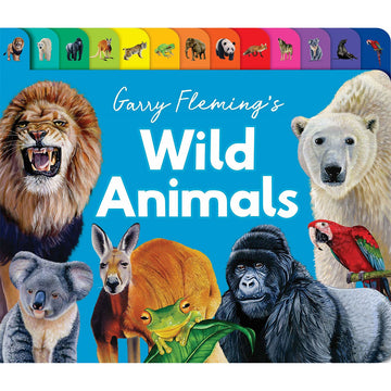 'Gary Fleming's Wild Animals' book cover featuring images of different animals including a lion, koala, polar bear and frog. There is a tabbed display along the top with a different animal on each tab.