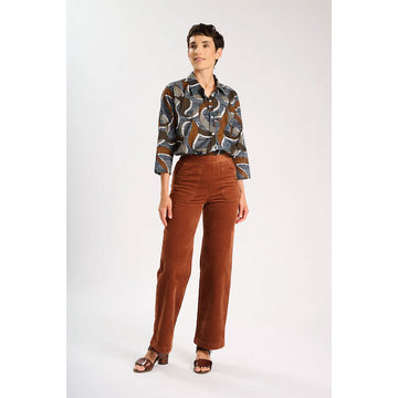 Brown corduroy pants on a white background.