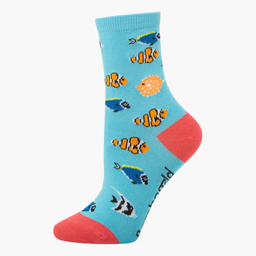 A blue sock with a red heel and toe and printed with different fish.