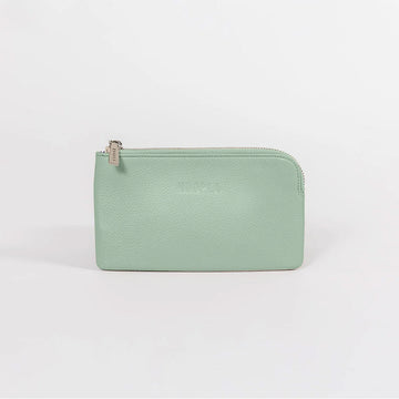 Front view of a phone sized zippered purse in sage green.