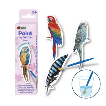 Bird shaped bookmarks are next to a skinny purple box titled 'Paint by Water'  with an image of one of the bird bookmarks.
