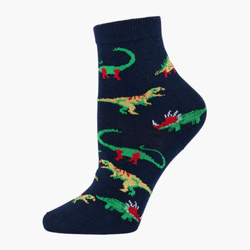 A navy sock illustrated with dinosaurs.