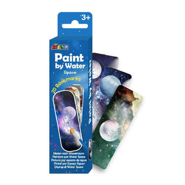 Bookmarks with space images on them are next to a blue skinny box titled 'Paint by Water' with images of the bookmarks.