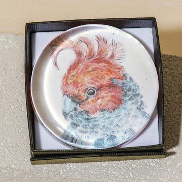 Decorative glass paperweight with a gang gang bird design in a box on a textured surface.