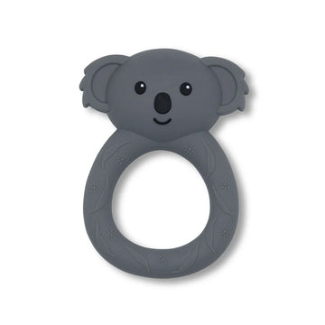 A dark grey teething ring with a koala head on top.