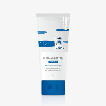 Tube of skincare cream for men with blue and white design on a white background.