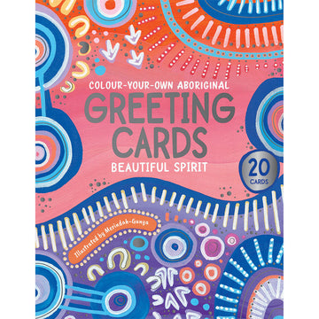 'Colour Your Own Aboriginal Greeting Cards Beautiful Spirit' book cover featuring Indigenous artwork in blue, purple, red and orange by Merindah-Gunya.