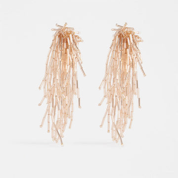 A pair of stud drop earrings featuring long strands of champagne coloured beads.