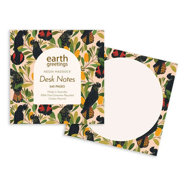 Desk notes with a colorful black cockatoo and banksia design on a white background.