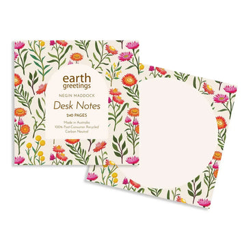 Floral desk notes with 'earth greetings' branding on a white background.