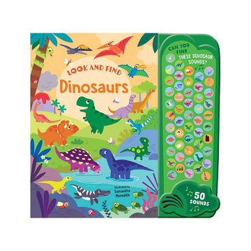 'Look and Find Dinosaurs' book cover featuring an illustration of lots of different colourful dinosaurs in a landscape with small round buttons on the right side each with a different dinosaur on the button.