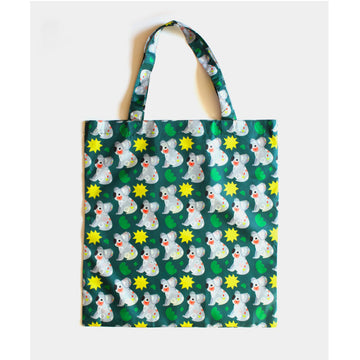 A reusable shopping bag in green illustrated with a repeat pattern of koalas.