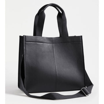 Front view of a leather tote bag in black with the name ELK embossed on the front.