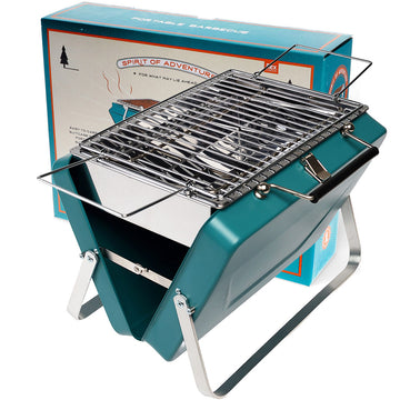 A foldable barbeque in blue in front of its packaging box.