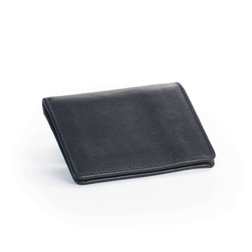 A black leather wallet on a white background.
