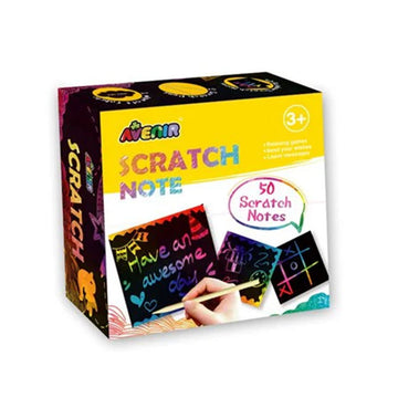 A box titled 'Scratch Note' with an illustration of black notes with rainbow text and pictures that had been scratched in.