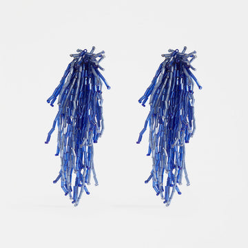 A pair of stud drop earrings featuring long strands of blue coloured beads.