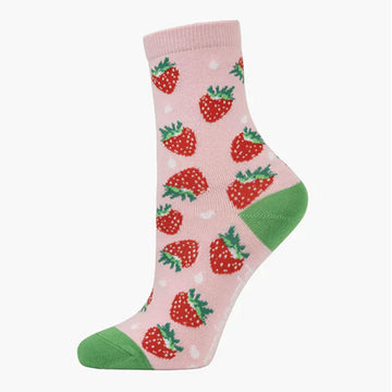 A light pink sock with a green heel and toe and printed with strawberries.