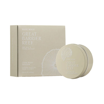 A round tin next to a matching box with the text 'Great Barrier Reef' on a light grey background.