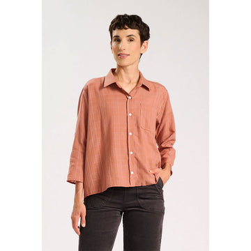 Pink checkered shirt on a white background.