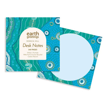 Desk notes with blue and green patterned cover and border.